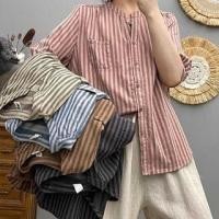ราคา 3/4-Sleeve Stand Collar Striped Button-Up Blouse (1128976627)