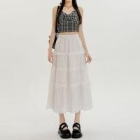 ราคา Elastic Waist Plain Embroidered Eyelet Ruffle Panel Midi A-Line Skirt (1128987837)