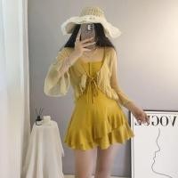 ราคา Set: Spaghetti Strap Plain Ruffle Trim Cutout Swim Dress + 3/4-Sleeve Tie Front Cover Up (1128987593)