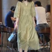 ราคา 3/4-Sleeve Notch Neck Embroidered Drawstring Waist Midi A-Line Dress (1129008163)