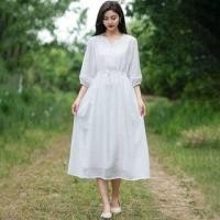 ราคา 3/4-Sleeve Notch Neck Embroidered Drawstring Waist Midi A-Line Dress (1129007854)