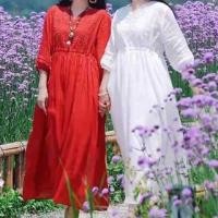 ราคา 3/4-Sleeve Notch Neck Embroidered Drawstring Waist Midi A-Line Dress (1129007786)