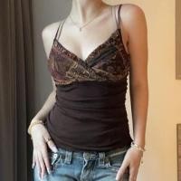 ราคา V-Neck Graphic Print Ruffled-Trim Paneled Slim-Fit Crop Camisole Top (1129014245)