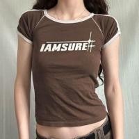ราคา Short Sleeve Contrast-Trim Lettering Print Slim-Fit Crop Top (1129022899)