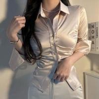 ราคา Long Sleeve Plain Satin Ruched Slim-Fit Shirt (1129041744)