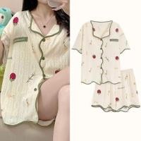 ราคา Pajama Set: Short-Sleeve V-Neck Floral Strawberry Print Contrast Trim Shirt + Elastic Waist Shorts (1129035884)