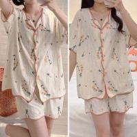 ราคา Pajama Set: Short-Sleeve V-Neck Floral Print Shirt + Elastic Waist Shorts (1129035865)