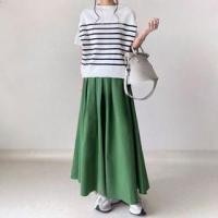 ราคา Short-Sleeve Round Neck Striped Knit Top / Elastic Waist Plain Maxi A-Line Skirt / Set (1129059403)