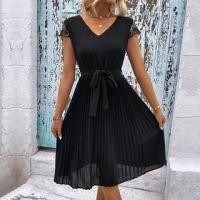 ราคา Cap-Sleeve V-Neck Plain Lace Panel Sashed A-Line Dress (1129062389)