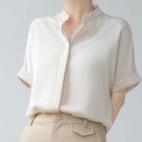 ราคา Elbow-Sleeve Stand Collar Plain Button-Up Satin Blouse (1129075851)