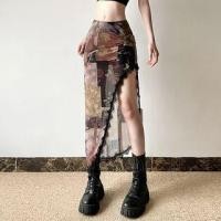 ราคา Low Waist Graphic Print Lace-Trim Mesh See-Through Slit Midi Skirt (1129079227)
