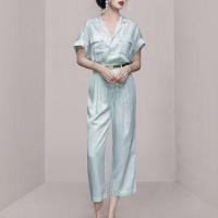 ราคา Elbow-Sleeve Lapel Collar Plain Half-Button Cropped Loose Fit Jumpsuit (1129089751)