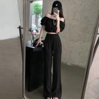 ราคา Set: Short-Sleeve Off Shoulder Plain Crop Top + Mid Waist Plain Wide Leg Pants (1129103758)