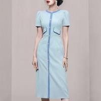 ราคา Short-Sleeve Crew Neck Contrast Trim Midi Sheath Dress (1129105136)