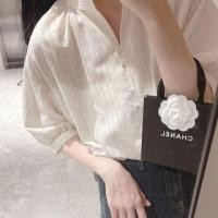 ราคา 3/4-Sleeve Stand Collar Plain Button-Up Blouse (1129112832)