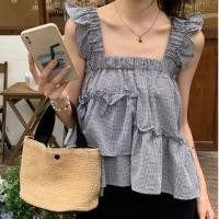 ราคา Cap-Sleeve Square Neck Plaid Asymmetrical Frill Trim Flowy Crop Top (1129100260)