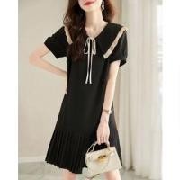 ราคา Short-Sleeve Contrast Trim Bow Pleated A-Line Dress (1129101845)