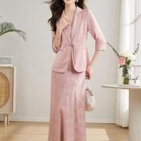 ราคา Set: 3/4-Sleeve Jacquard Frog Button Blazer + Spaghetti Strap Midi Sheath Dress (1129102997)
