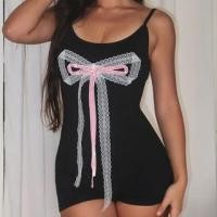 ราคา Spaghetti Strap Bow Accent Plain Open-Back Playsuit (1129143849)