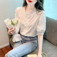 ราคา Elbow-Sleeve Stand Collar Plain Embroidered Perforated Button-Up Blouse (1129159102)