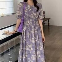 ราคา Short-Sleeve Round Neck Floral Midi A-Line Dress Purple - One Size (1129180667)
