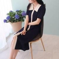 ราคา Short-Sleeve Collar Plain Contrast Trim Midi Sheath Dress (1129202636)