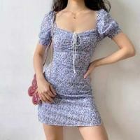 ราคา Short-Sleeve Square Neck Floral Print Drawstring Mini Sheath Dress (1129188672)