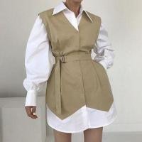 ราคา Long-Sleeve Mock Two-Piece Two Tone Belted Button-Up Mini Shirt Dress (1124704023)