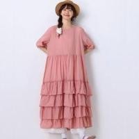 ราคา 3/4-Sleeve Round Neck Plain Ruffle Tiered Midi Tunic Dress (1129207157)