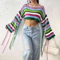 ราคา Long-Sleeve Boat Neck Color Block Fringed Crop Knit Top (1129229562)