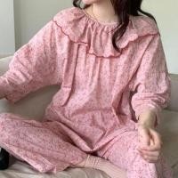 ราคา 3/4-Sleeve Round Neck Floral Print Ruffle Pajama Top / Straight Leg Pants / Pajama Dress / Set (1129238894)