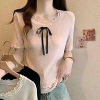ราคา Elbow-Sleeve Round Neck Bow Accent Lettuce Edge Ribbed Knit Top (1129284082)