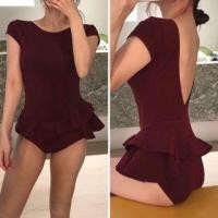 ราคา Cap Sleeve Crew Neck Plain Peplum Swimsuit (1129282769)