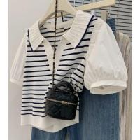 ราคา Short-Sleeve Collared V-Neck Striped Mock Two Piece Panel Knit Blouse (1129286848)