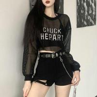 ราคา Long-Sleeve Round Neck Lettering Print Mesh Crop Top / Halter Plain Bra Top / High Waist Cutout Shorts / Belt / Set (1129289399)