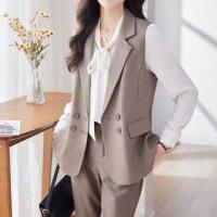 ราคา Lapel Collar Plain Double-Breasted Vest / High Waist Cropped Straight Leg Suit Pants / Long-Sleeve Tie-Neck Button-Up Blouse / Set (1129296790)