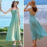 ราคา Spaghetti Strap V-Neck Patterned Drawstring Open Back Midi A-Line Dress / Plain Tie Front Long Light Jacket (1129304281)