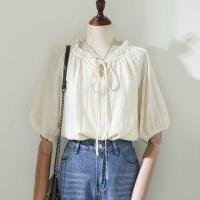 ราคา Short-Sleeve Crew Neck Plain Frill Tie Front Blouse (1129331625)