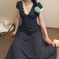 ราคา Short-Sleeve V-Neck Dotted Lace Trim Midi A-Line Dress (1129331214)