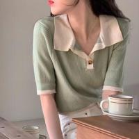 ราคา Elbow-Sleeve Collared Contrast Trim Ribbed Knit Top (1129334179)