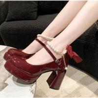 ราคา Chunky Heel Faux Pearl Ankle Strap Bow Accent Patent Leather Mary Jane Pumps (1129337203)