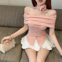 ราคา Short-Sleeve Off Shoulder Plain Top / Mini Tiered Skirt / Choker / Set (1129360103)