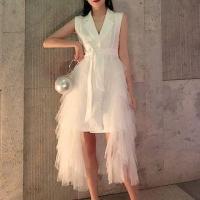 ราคา Sleeveless V-Neck Plain Mesh Panel Midi A-Line Blazer Dress (1129354502)
