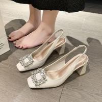 ราคา Square Toe Rhinestone Slingback Block Heel Pumps (1129372758)