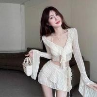 ราคา Set: Halter Plain Bikini Top + Bottom + Long-Sleeve Lace Cover Up + Skirt (1129379139)