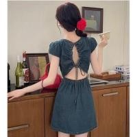 ราคา Short-Sleeve Plain Open Back Denim Mini A-Line Dress (1129391878)