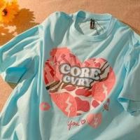 ราคา Couple Matching Short Sleeve Heart & Lettering Print Loose-Fit T-Shirt (1129411458)