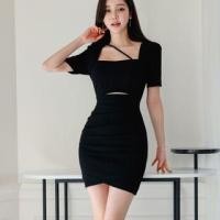 ราคา Short-Sleeve Square Neck Cutout Plain Mini Sheath Dress (1129448965)