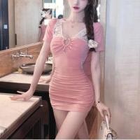 ราคา Short-Sleeve V-Neck Plain Lace Panel Cutout Ruched Mini Bodycon Dress (1129487169)