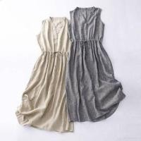 ราคา Sleeveless Notch Neck Striped Drawstring Waist Midi A-Line Dress (1129500232)